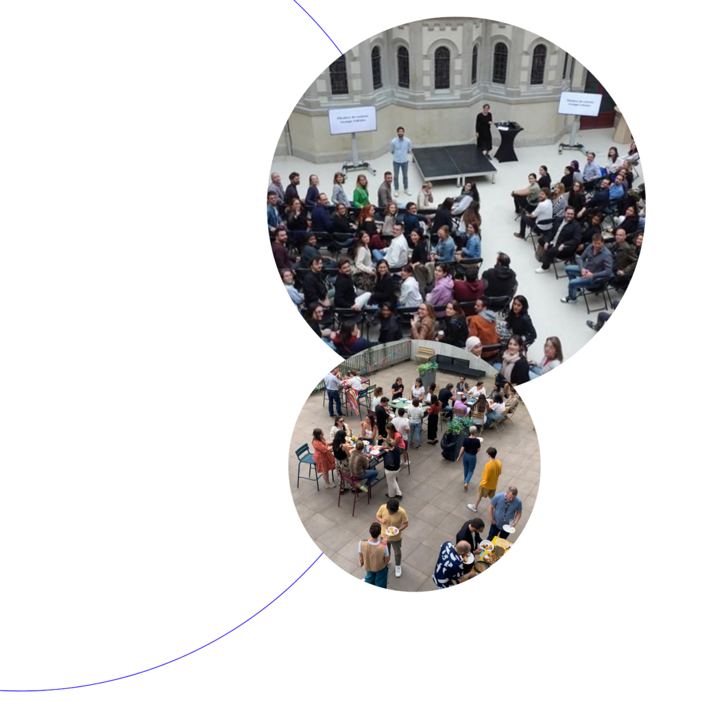 Pleniere_groupe_voltaire Deux cercles imbriqués illustrent des moments de rassemblement avec les collaborateurs du Groupe Voltaire