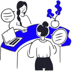 illustration_accueil "Illustration représentant un échange entre deux personnes à l'accueil de l'entreprise.